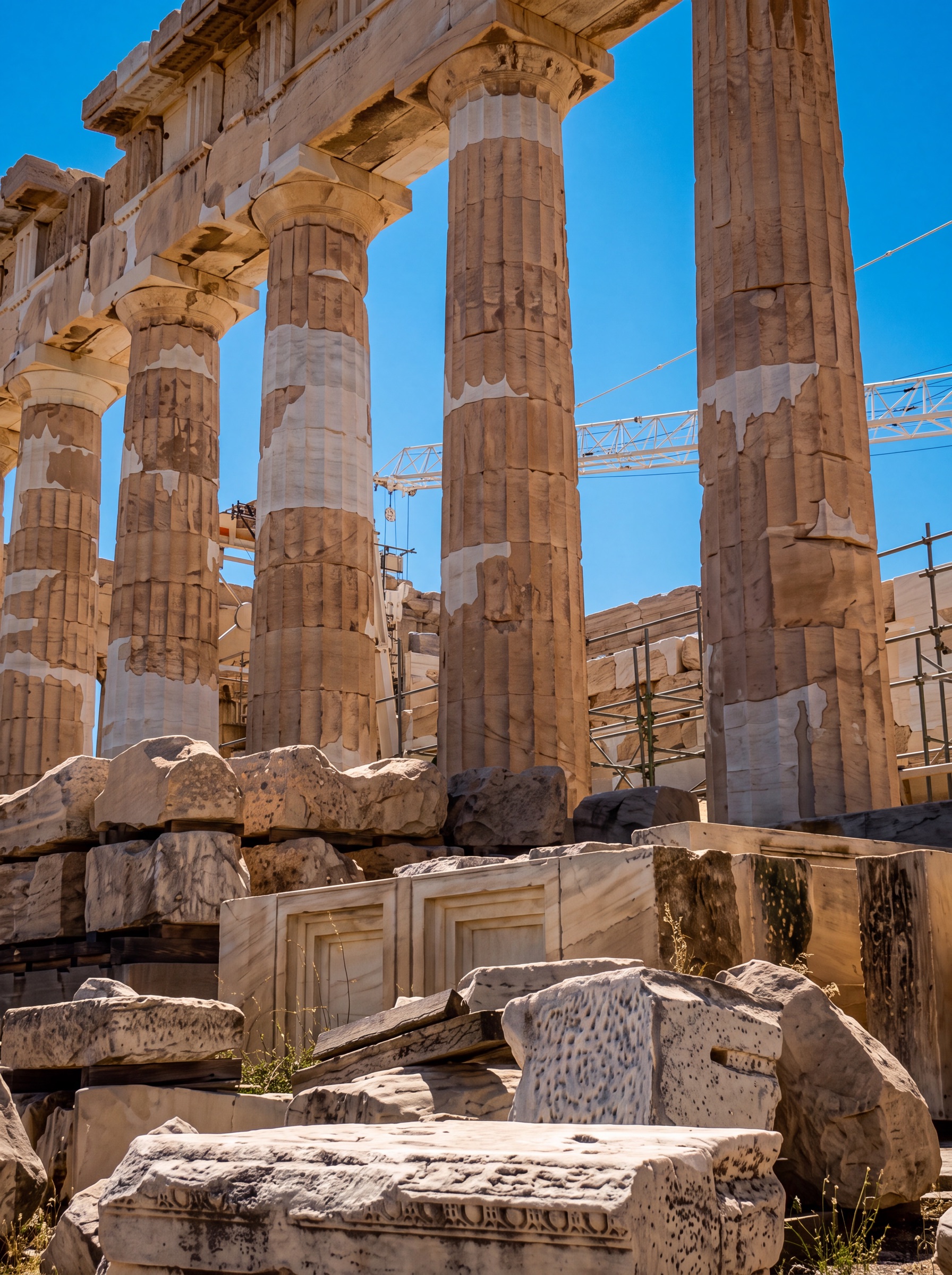 Close view of restored and weathered Parthenon columns above carved marble fragments