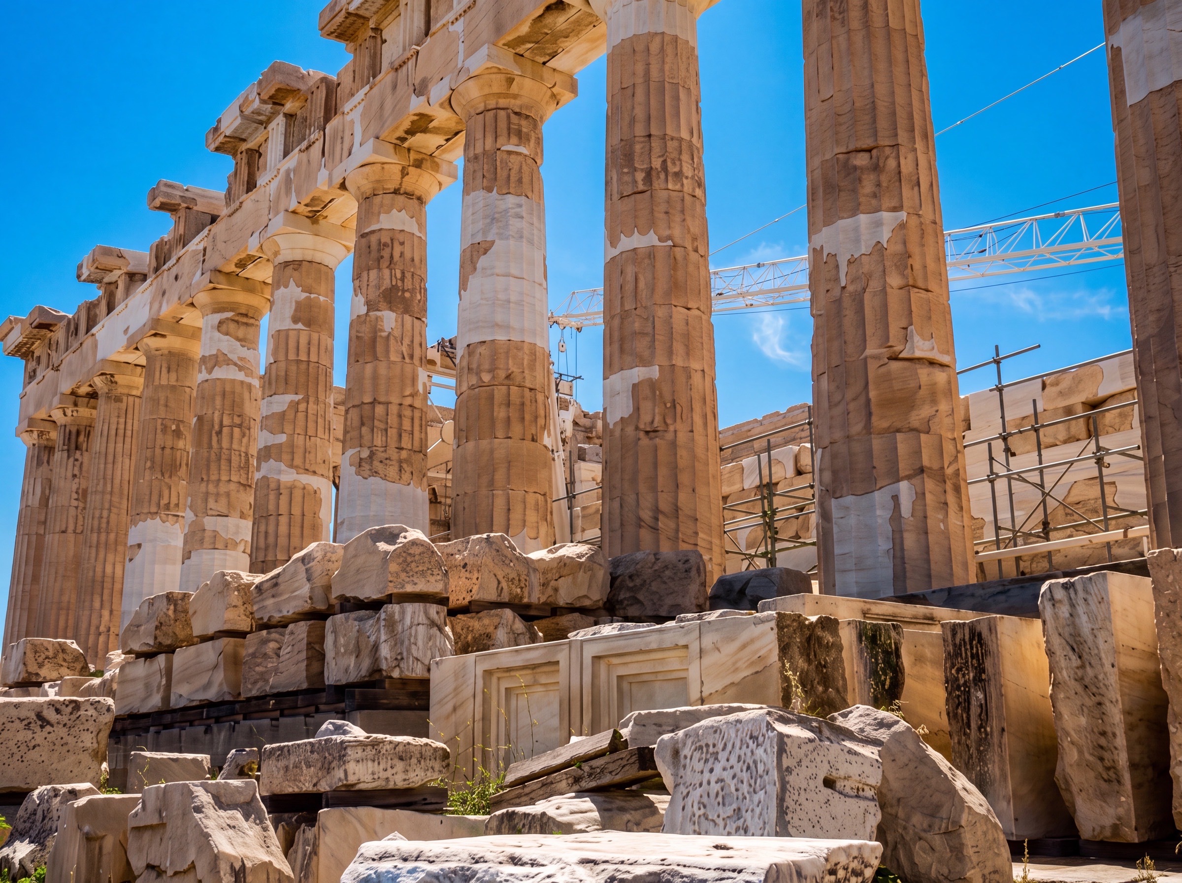 Broad view of Parthenon columns, marble fragments, and restoration equipment