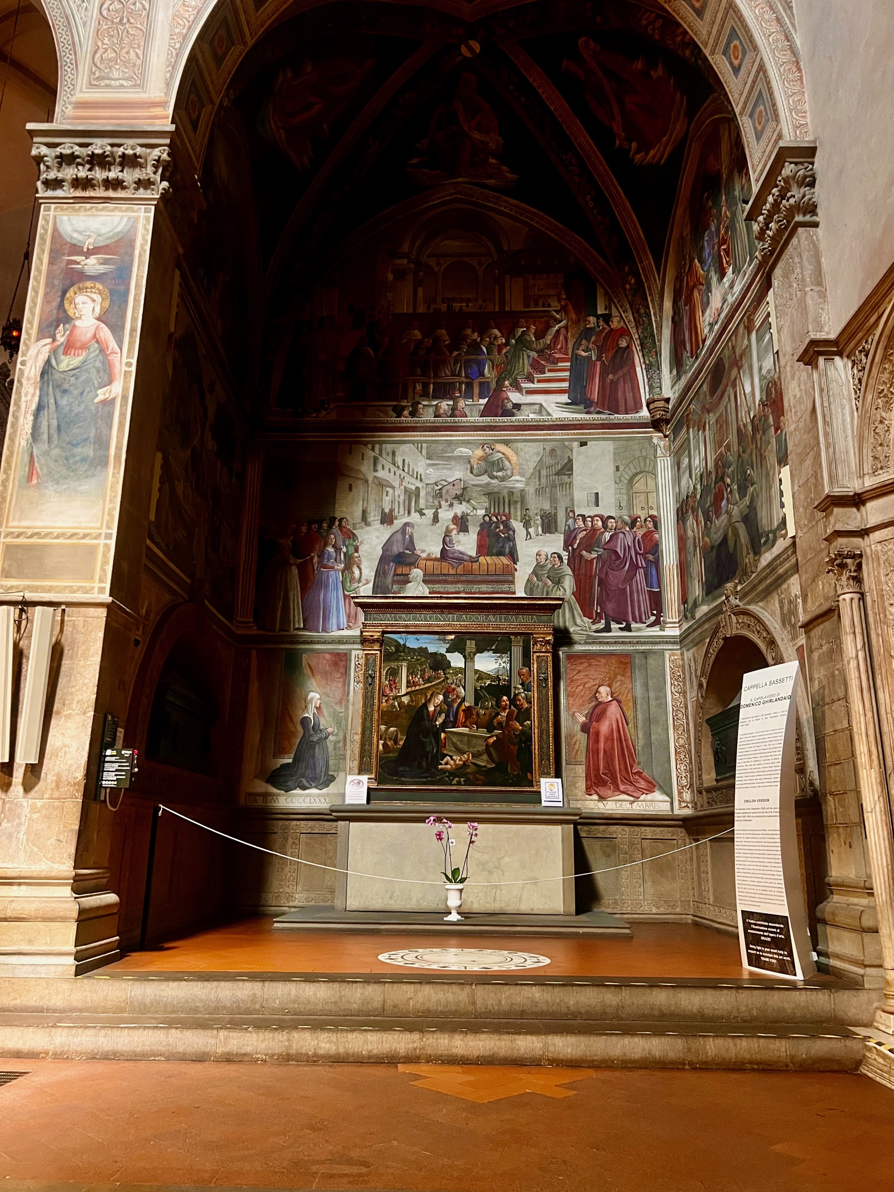 Historic chapel whose walls are covered with colorful Renaissance frescoes