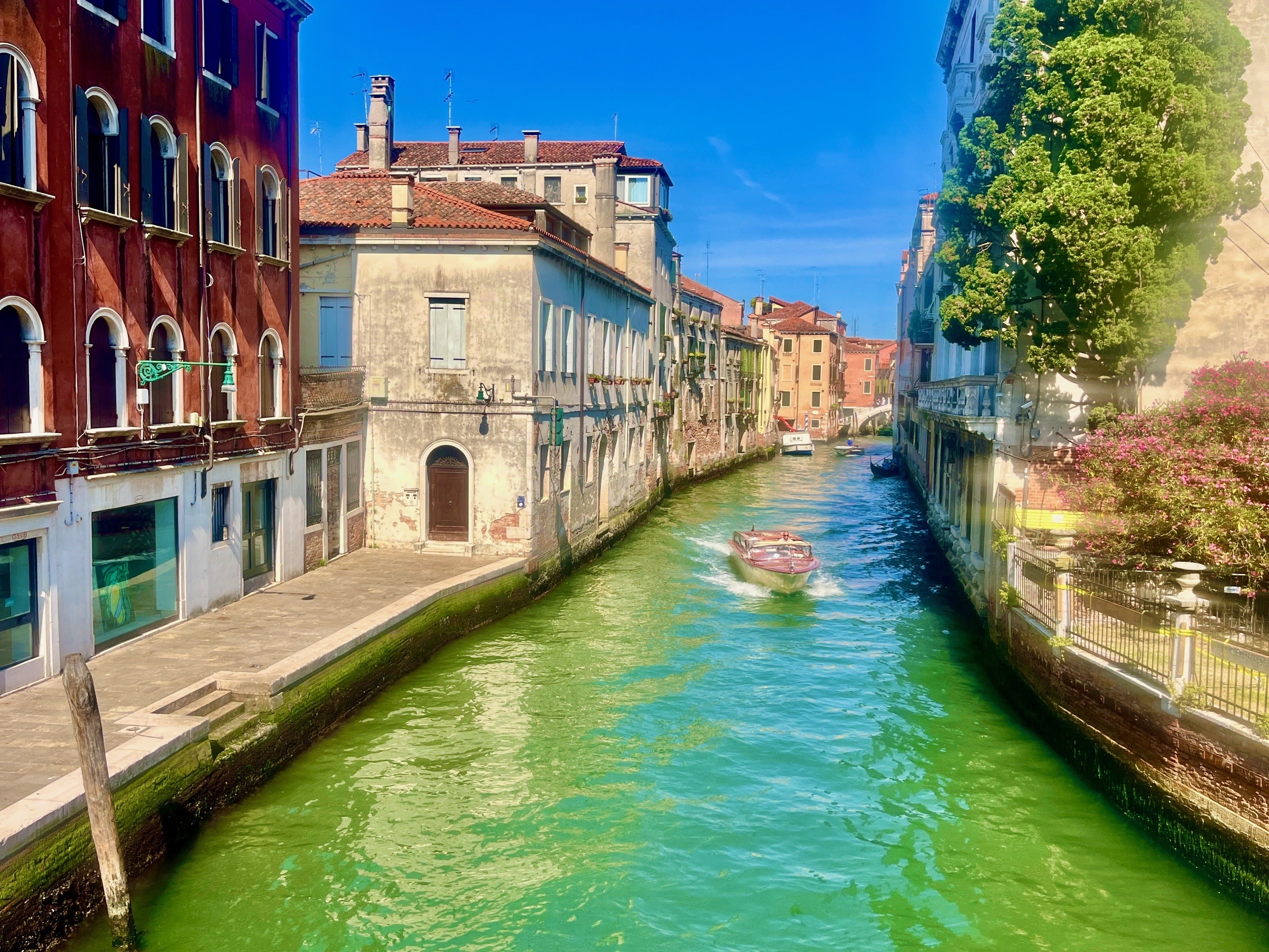 Water taxi traveling along a turquoise canal lined with Venetian facades