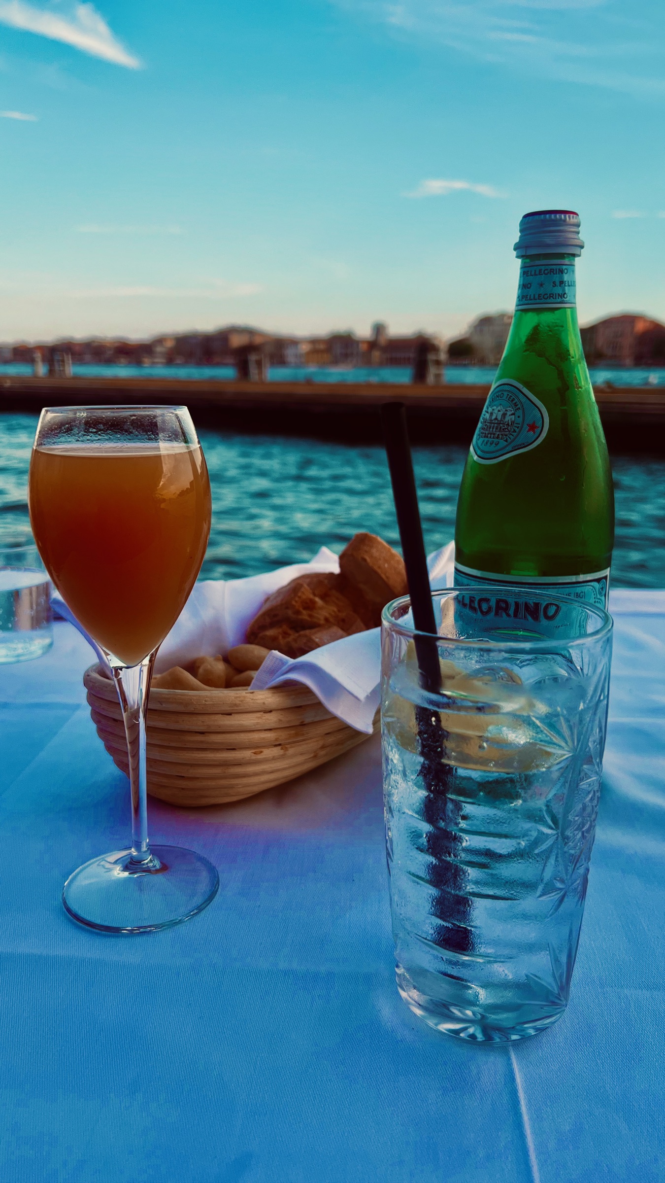 Drinks served at a table overlooking the water in Venice